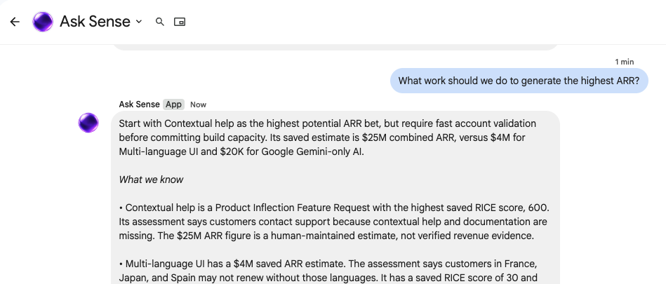 Ask Sense in Google Chat answering which work could generate the highest annual recurring revenue, with supporting product evidence and strategic context.